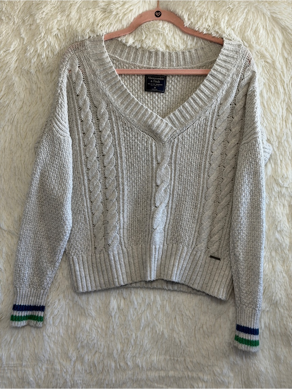 Abercrombie & Fitch Womens Preppy Cable Knit V-Neck Sweater M Grey Old Money